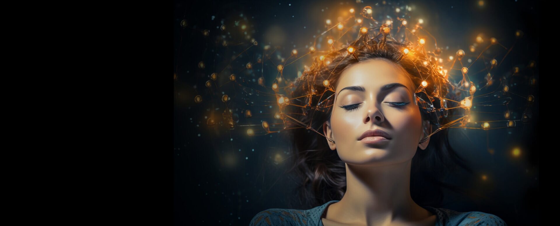 Woman in serene state with a network of bright lights surrounding her head.