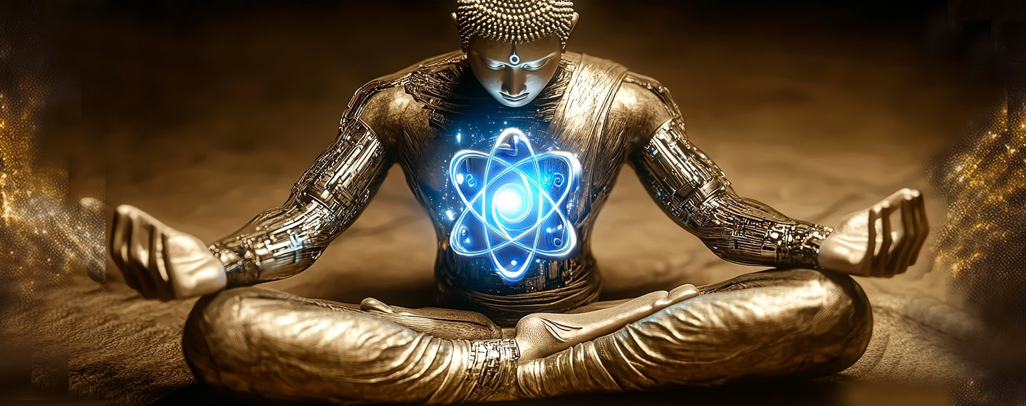 Golden Buddha statue sitting in meditation, with machine-like arms and a glowing atomic symbol emanating from is torso.