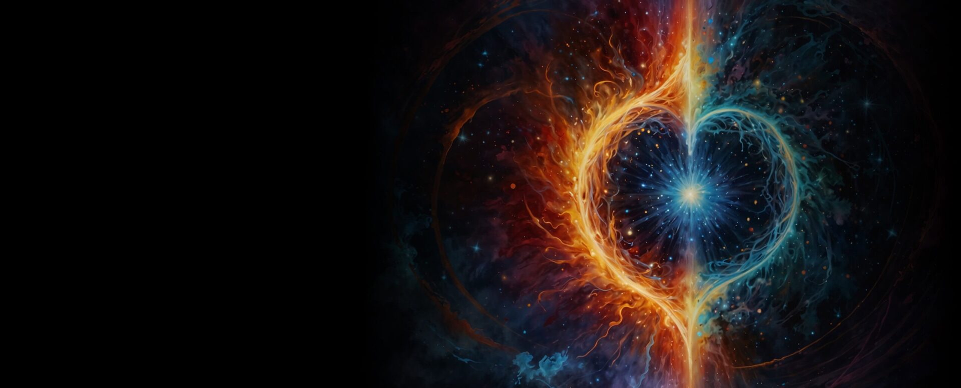 A graphic depiction of a glowing heart-shaped object, orange fire like on one side and cool blue on the other against a dark cosmic background.