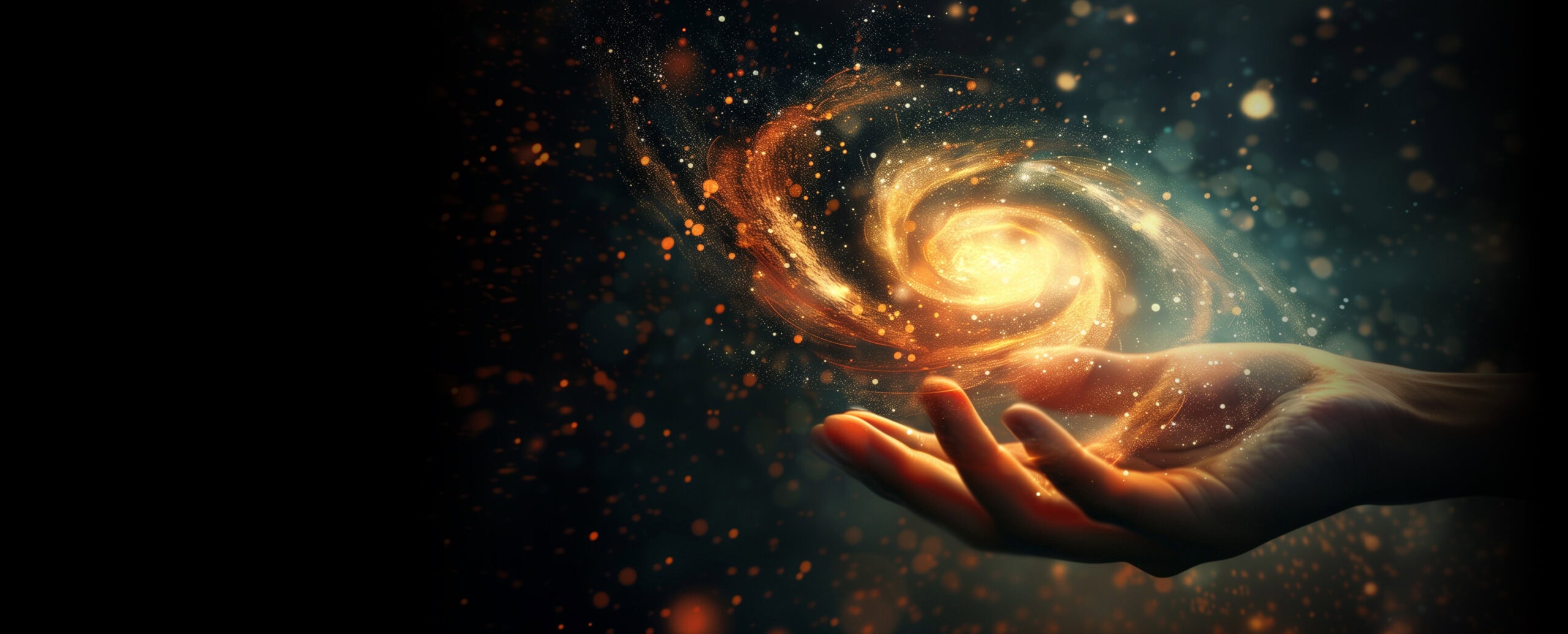 A hand holding a glowing spiral galaxy in space.
