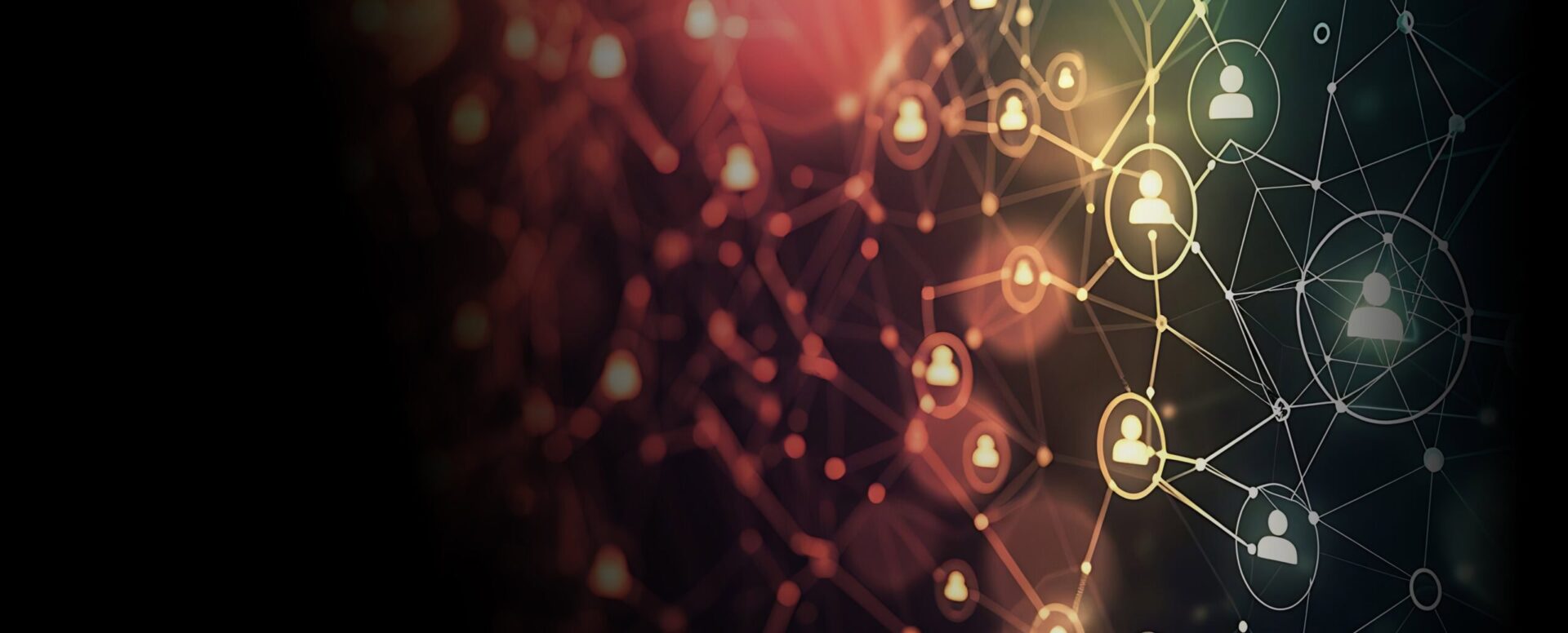 Abstract network of interconnected activity emerging out of a pinkish clouded background with graphic depictions of human torsos at the center of each node.