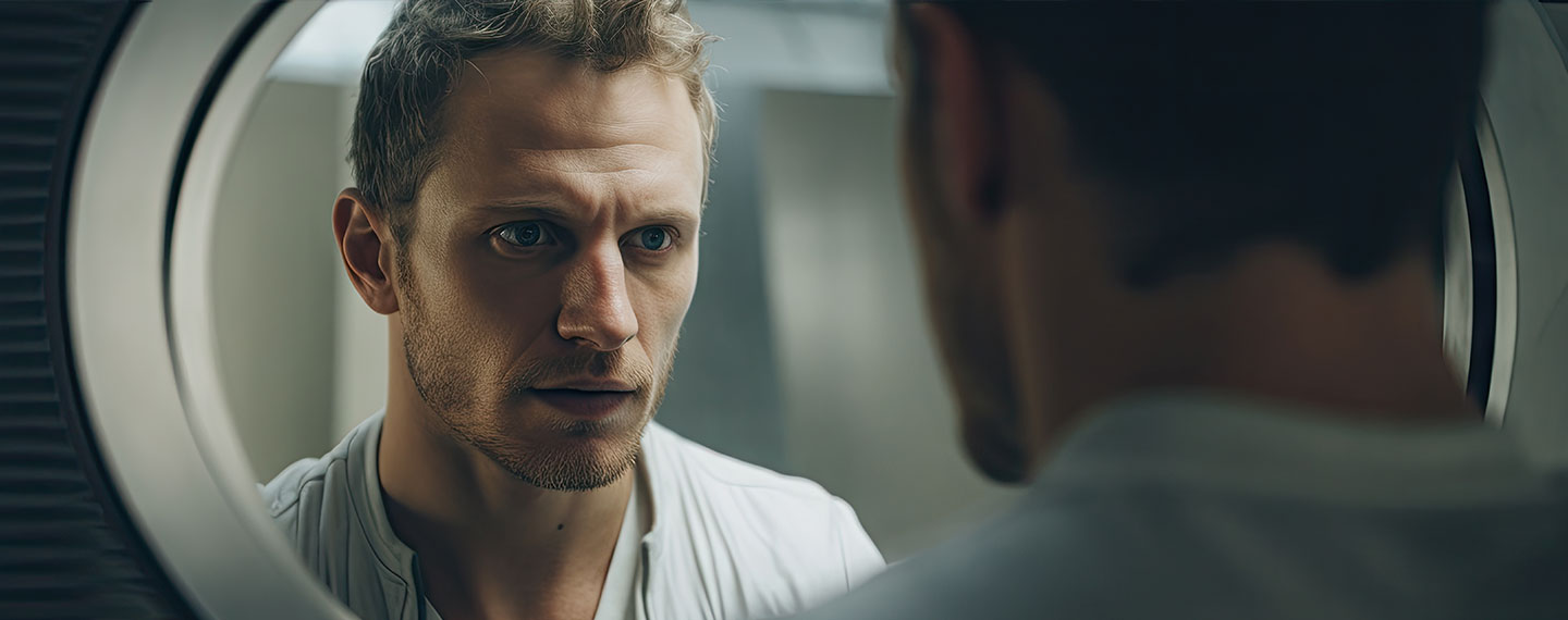 A man looks intensely in the mirror, reflecting deep thought.