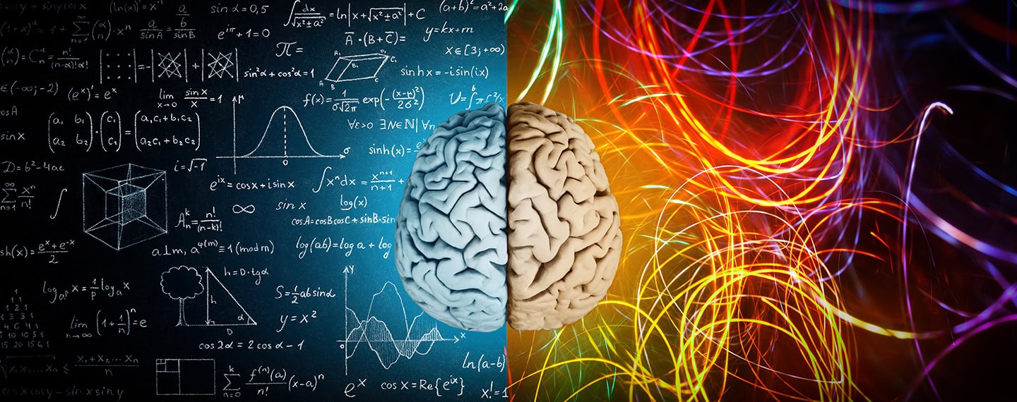 Brain split across a background of scientific equations and colorful abstract art.