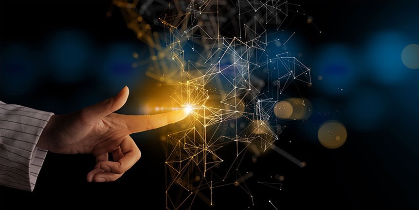 Human finger touching glowing digital network connections.