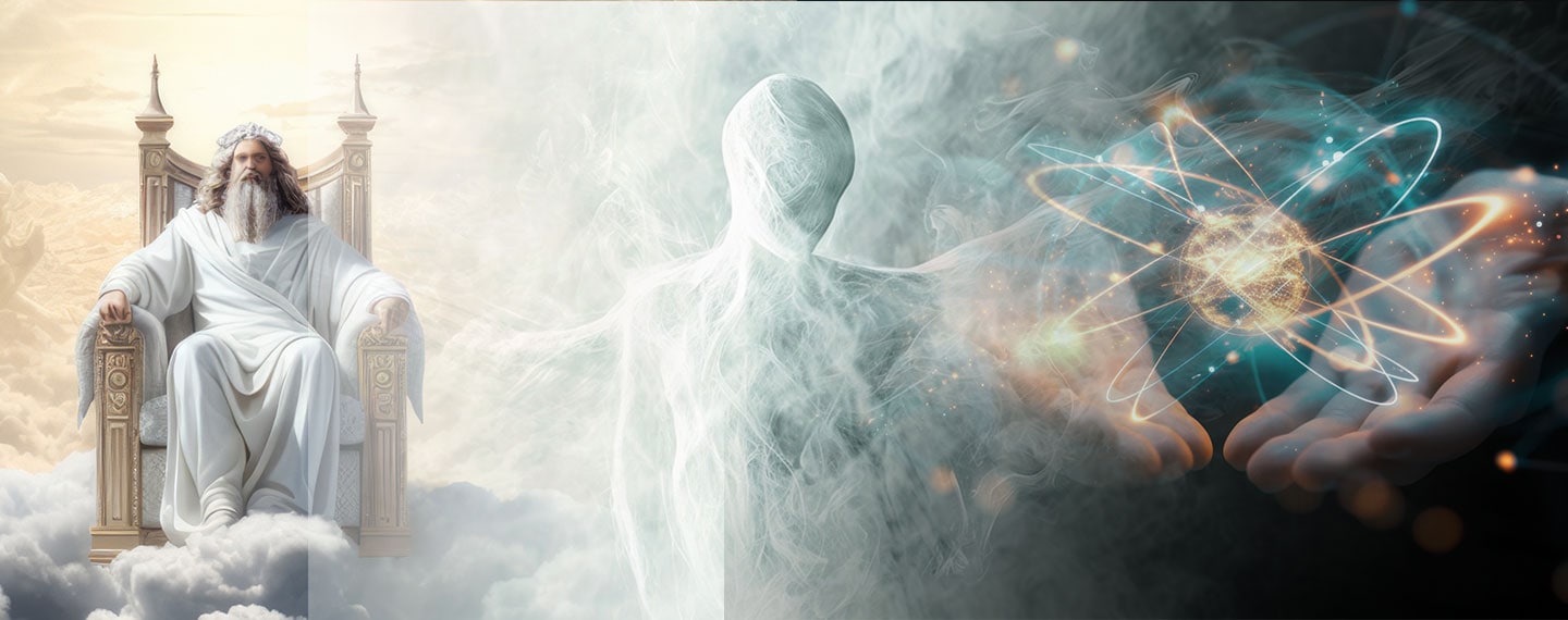 Stylistic depiction of God in all white, sitting on a throne in the sky, seemingly transforming into an atomic structure being held in a person's hand.