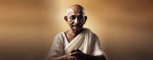 Realistic illustration of Mahatma Gandhi wearing traditional Indian attire, with hands folded in front of him.