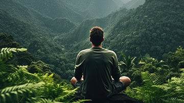 Man meditating in tropical forest
