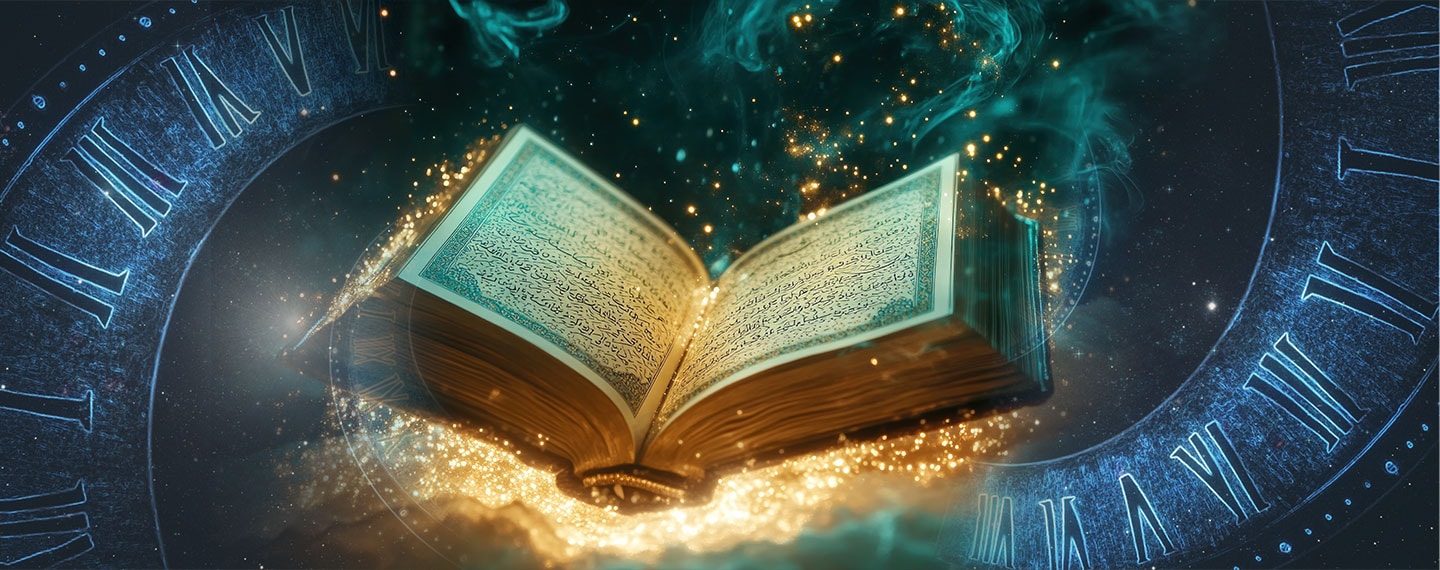 Stylized, glowing representation of an open holy book merging into a spiraling timepiece with Roman numerals